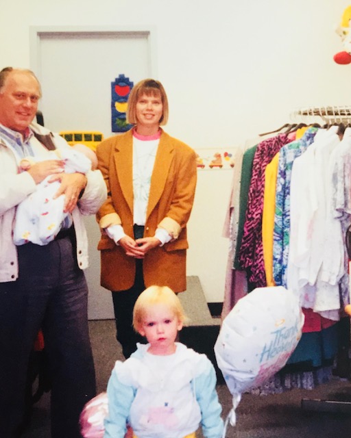 Kathy Buckworth opening her maternity & baby clothing store in Calgary, Sept 1993. Grandad, baby Alex and toddler Victoria helping out.